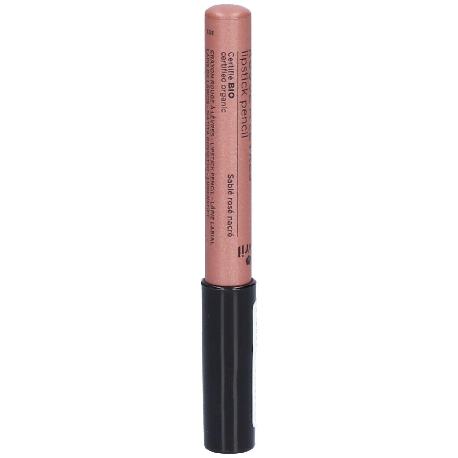 Crayon à lèvres rose. Corps noir, pointe rose. Inscription: Crayon Rouge à Lèvres, Avril. Certification.