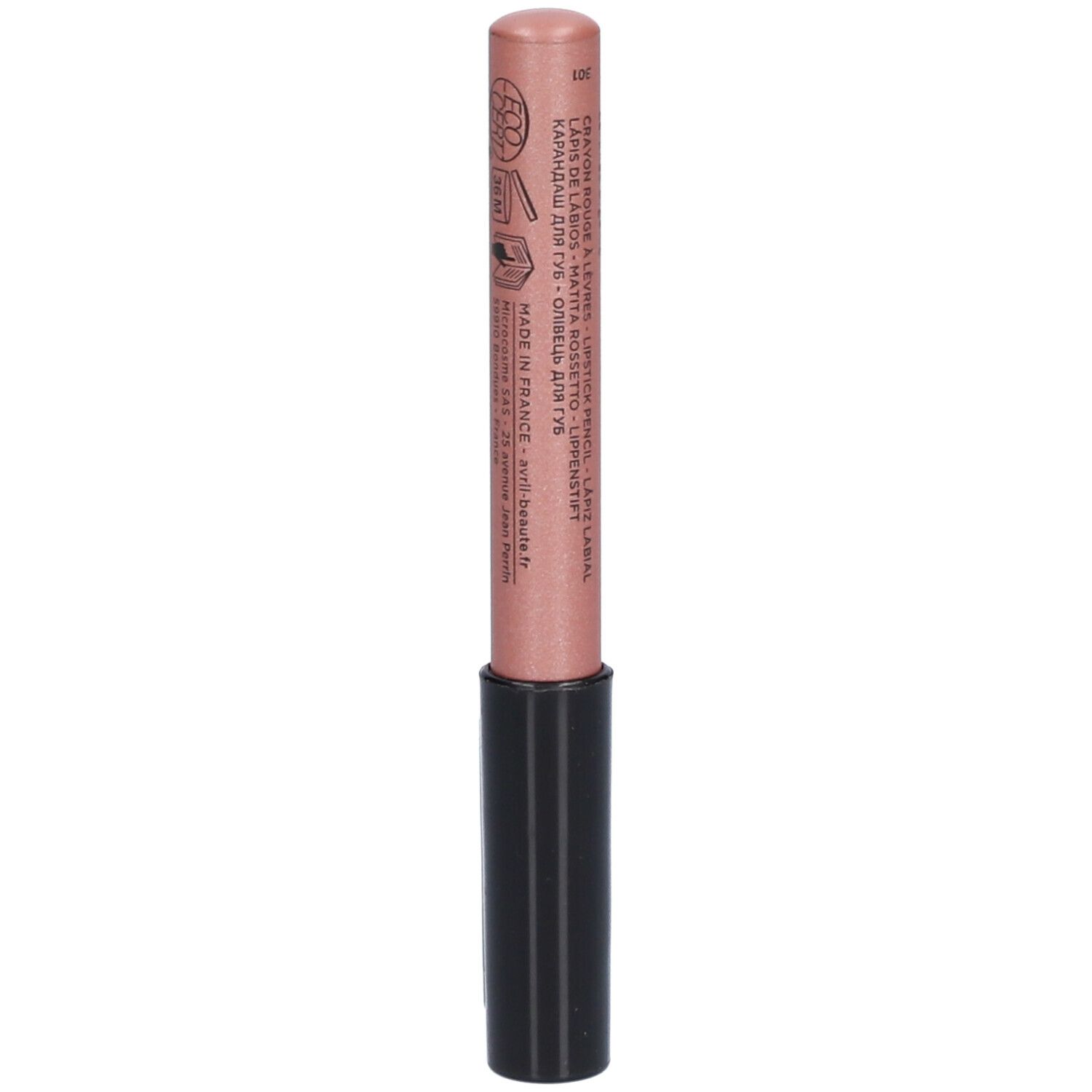Crayon à lèvres rose. Corps noir, pointe rose. Inscription: Crayon Rouge à Lèvres, Avril. Texte multilingue.