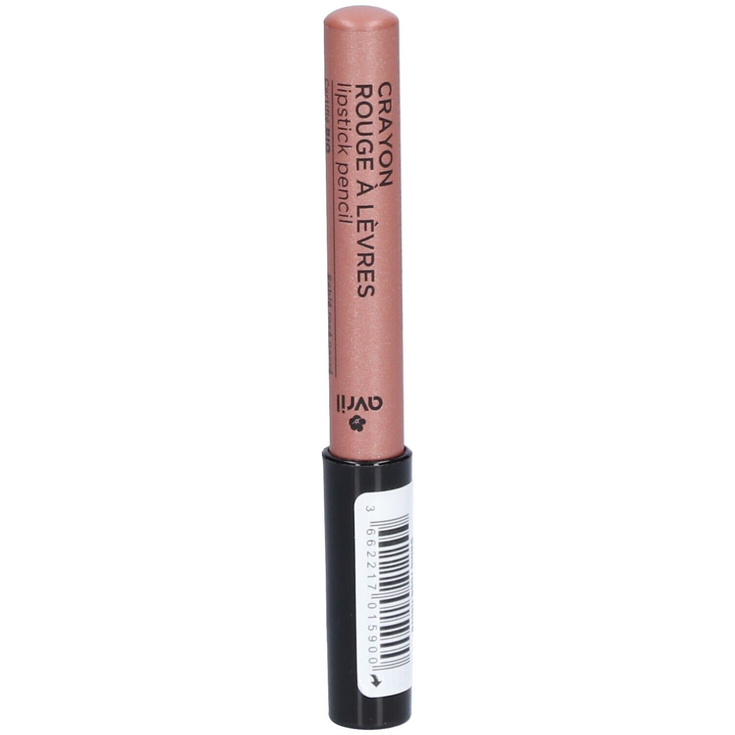 Crayon à lèvres rose. Corps noir, pointe rose. Inscription: Crayon Rouge à Lèvres, Avril. Code-barres.