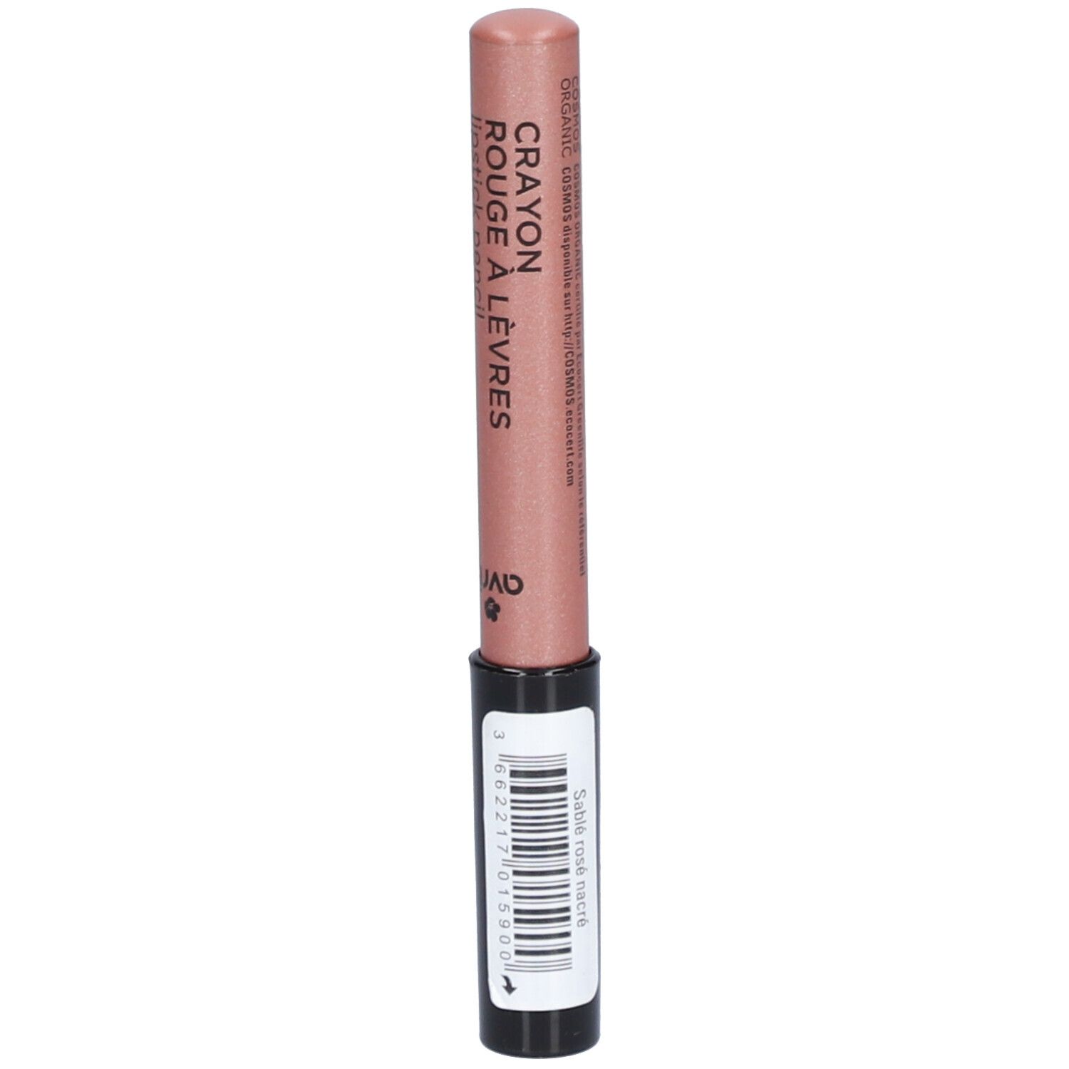 Crayon à lèvres rose. Corps noir, pointe rose. Inscription: Crayon Rouge à Lèvres, Avril. Code-barres.