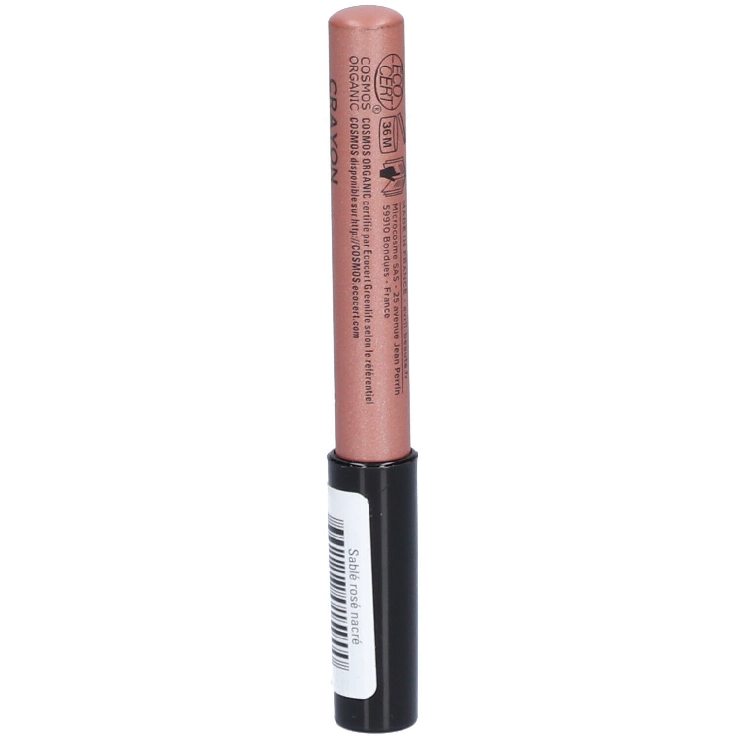 Crayon à lèvres rose. Corps noir, pointe rose. Inscription: Crayon Rouge à Lèvres, Avril. Certification.