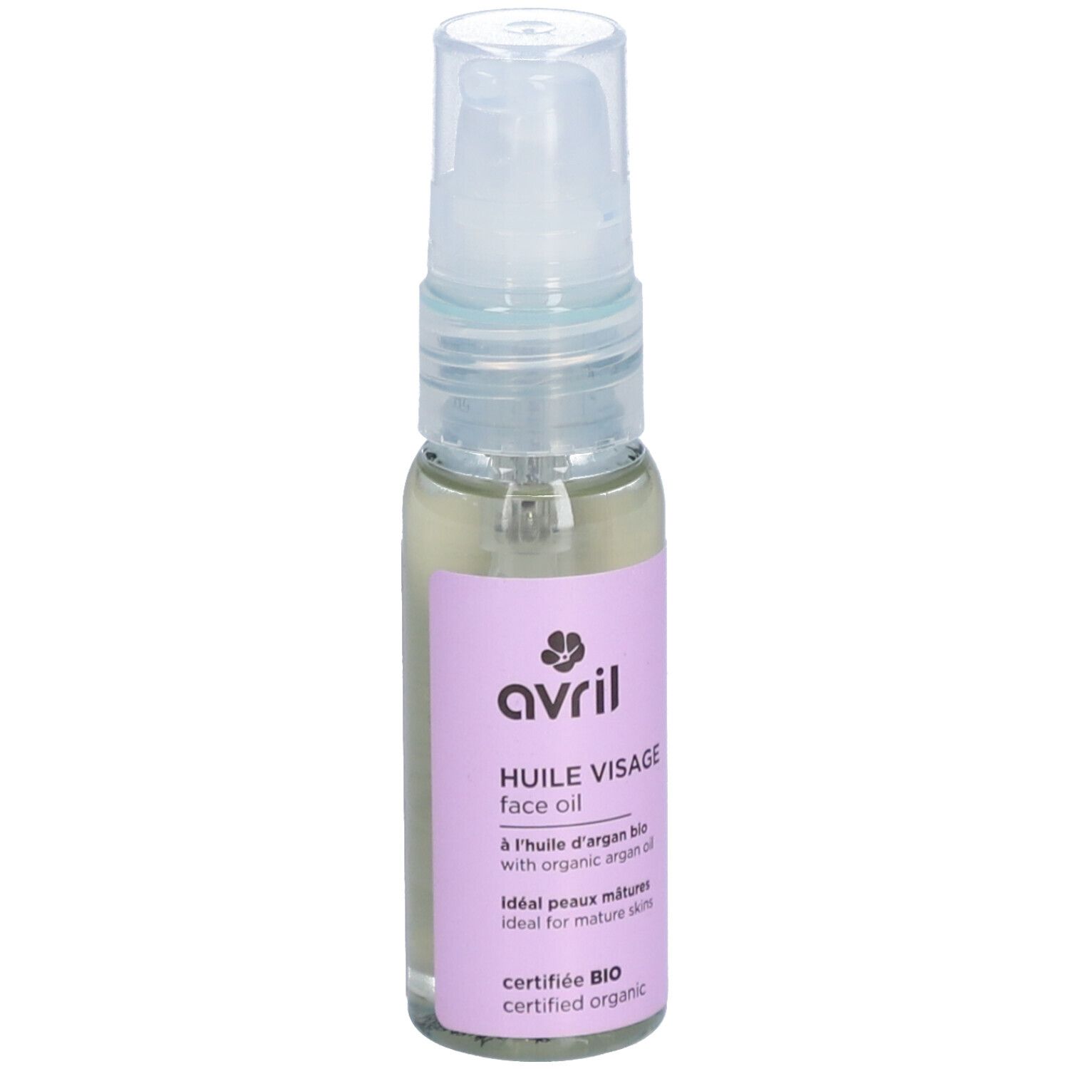 Klarflüssiges Öl in einer kleinen Flasche mit Sprühkopf. Aufschrift: avril, Huile Visage, zertifiziert BIO.