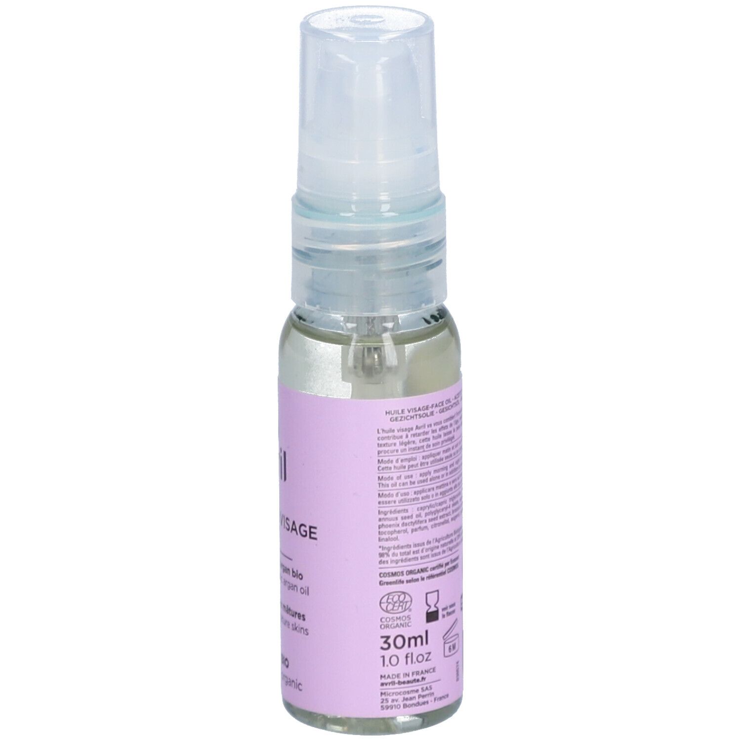 Klarflüssiges Öl in einer kleinen Flasche mit Sprühkopf. Aufschrift: avril, Huile Visage, 30ml, zertifiziert BIO.
