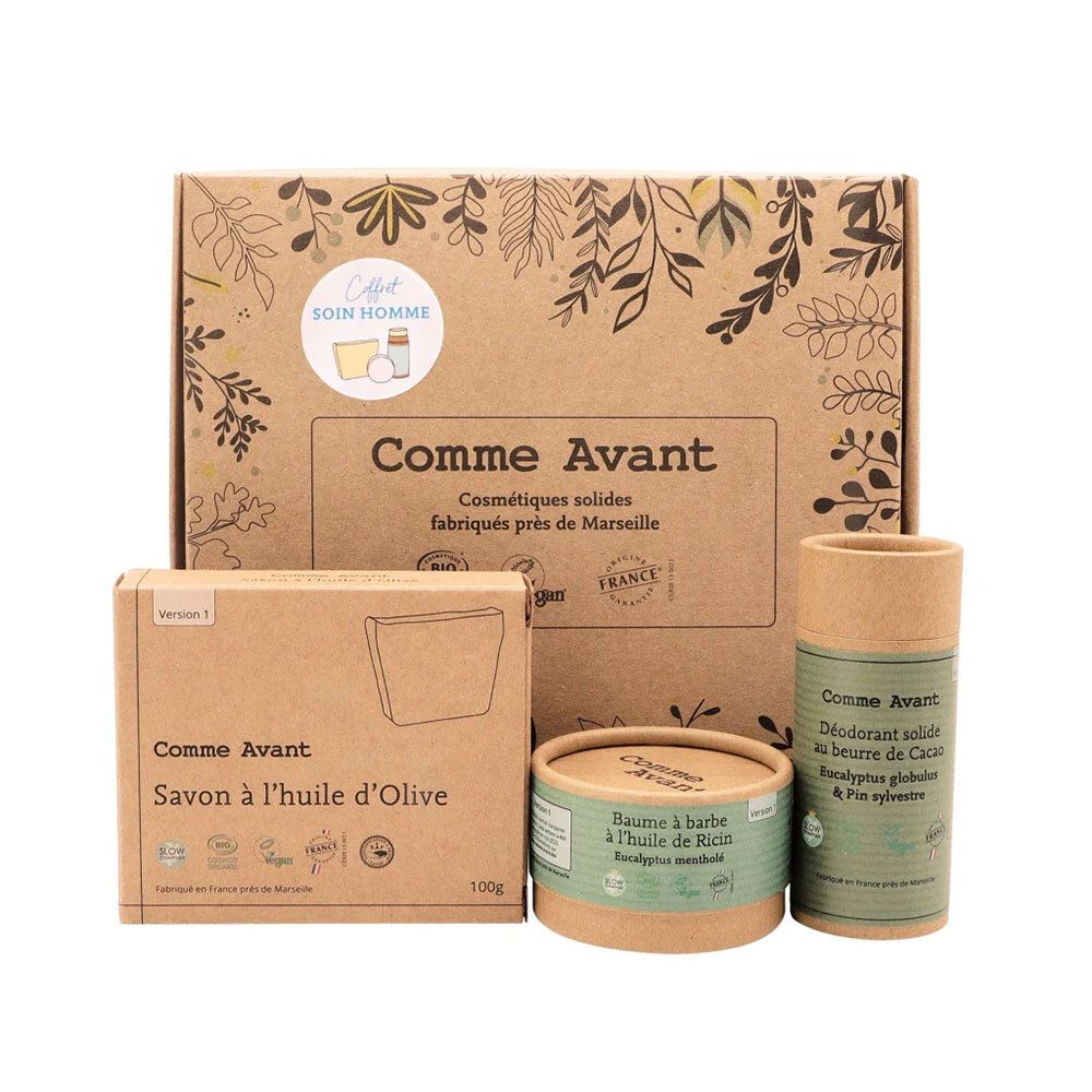 Geschenkset "Comme Avant Soin Homme" mit vier Produkten in braunen Verpackungen. Enthält Seife, Deodorant und Bartbalsam.