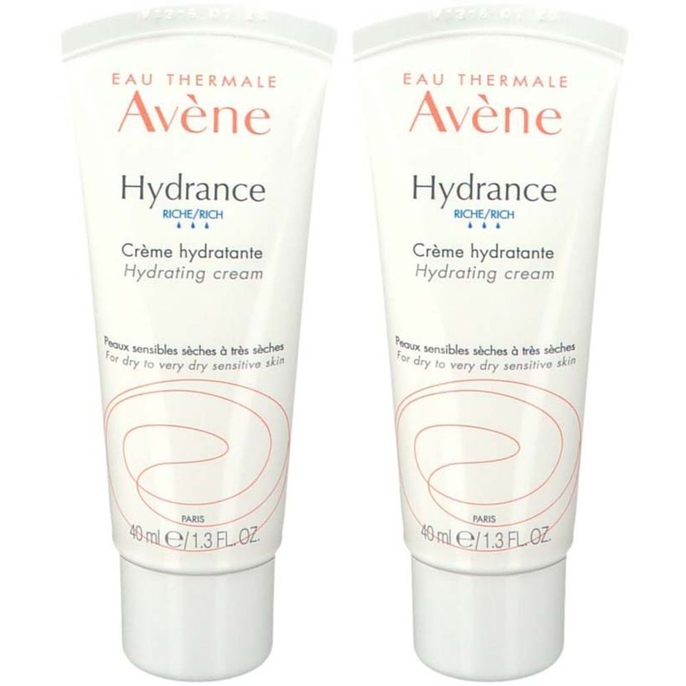 Zwei Tuben Avène Hydrance Crème hydratante. Weiße Tuben mit roter und blauer Schrift. Text: Crème hydratante, Hydrating cream.