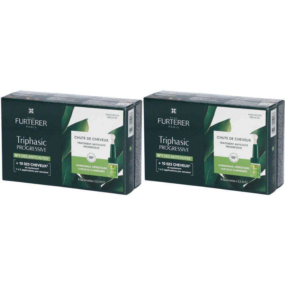 Deux boîtes de produit. Inscription : FURTERER PARIS, Triphasic Progressive, traitement antichute progressive.
