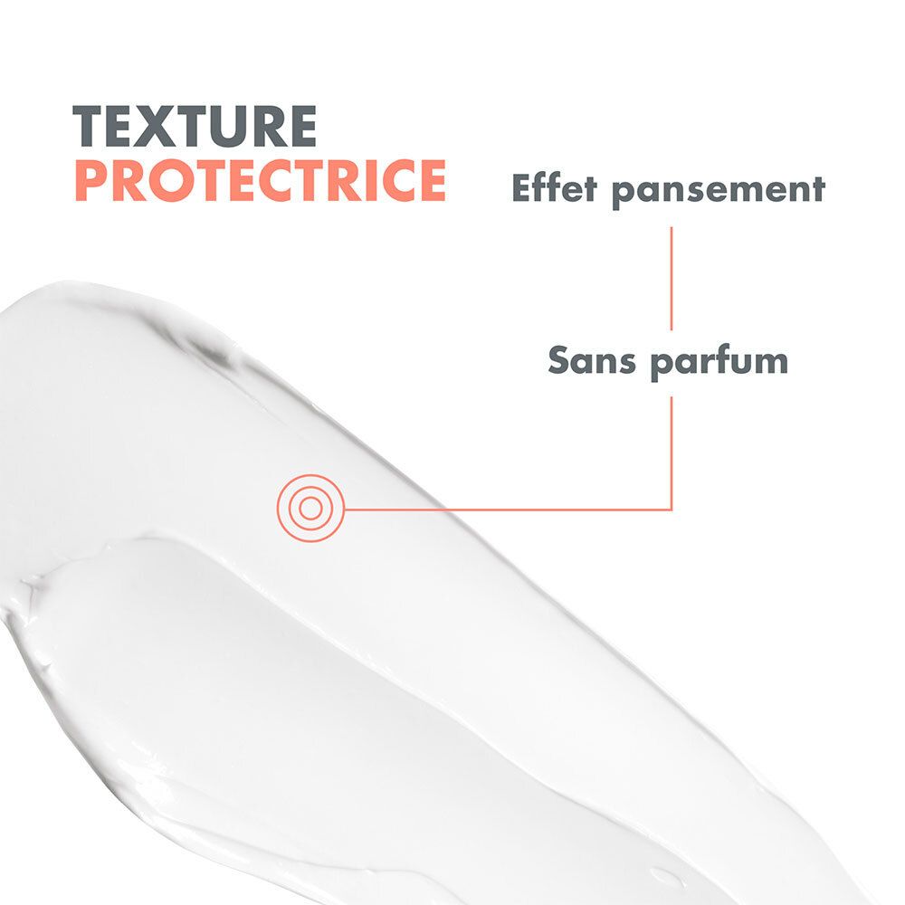Nahaufnahme einer Creme. Text: Texture protectrice, Effet pansement, Sans parfum.