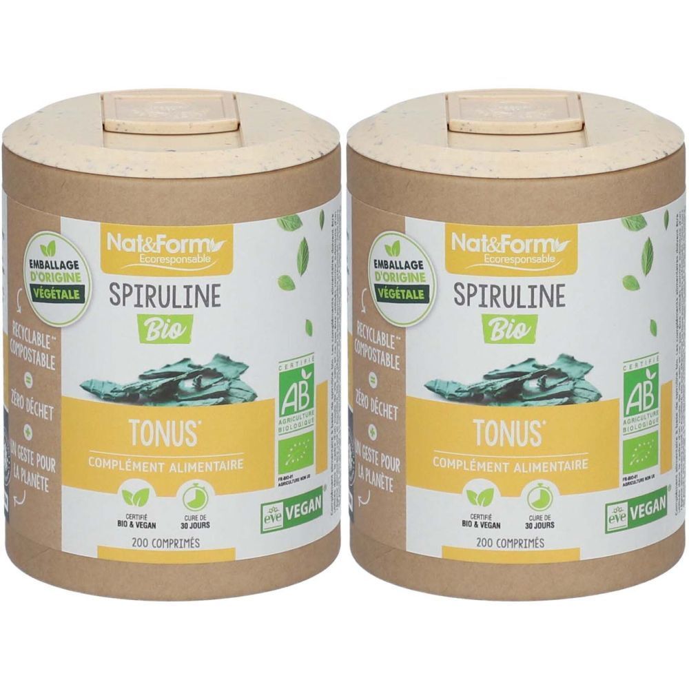 Deux boîtes cylindriques avec couvercles. Inscription: Nat & Form Spiruline Bio, Tonus, complément alimentaire, Vegan, certification AB.