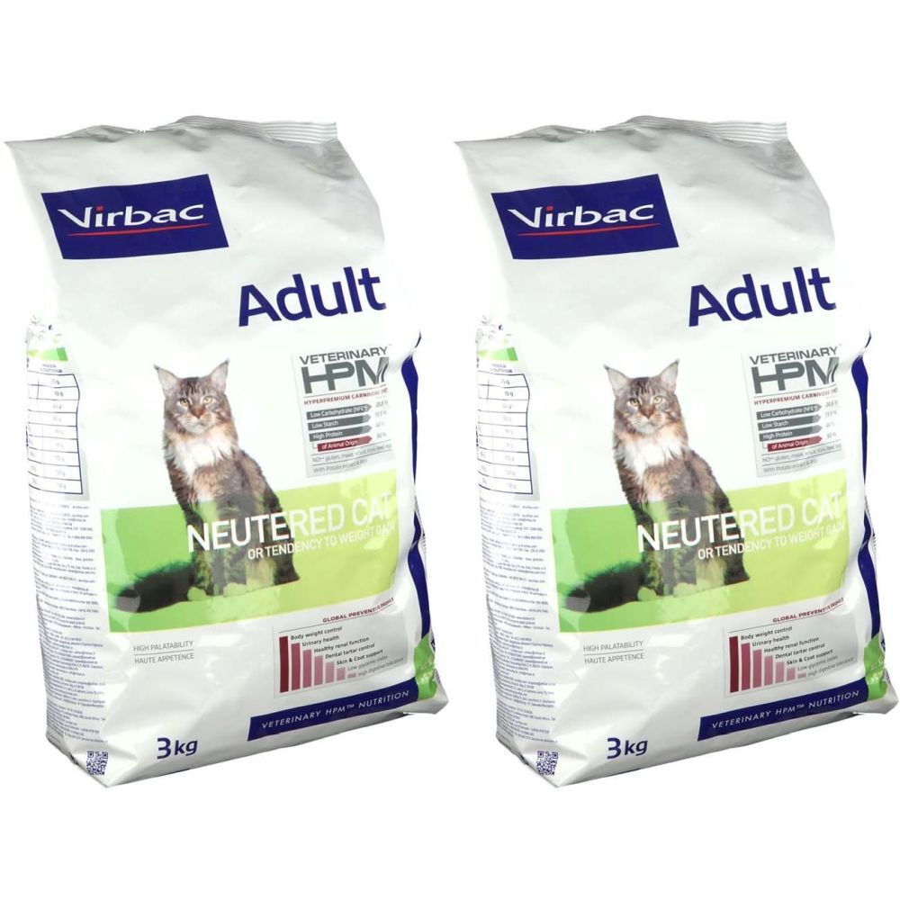 Deux paquets de nourriture pour chats. Inscription: Virbac, Adult, HPM, Neutered Cat. Poids: 3kg.