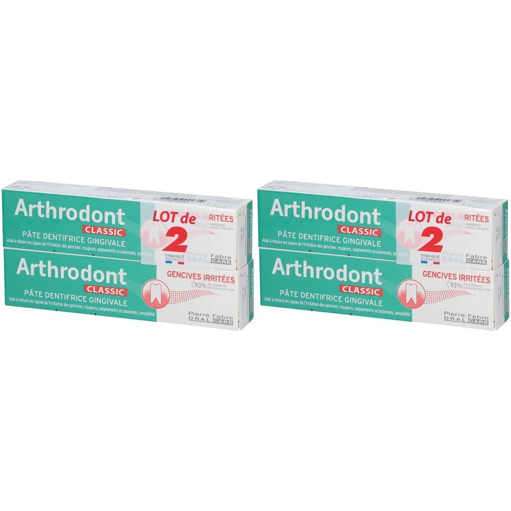 Zwei Packungen Zahnpasta. Aufschrift: Arthrodont Classic, Pâte Dentifrice Gingivale, LOT de 2, Gencives irritées.