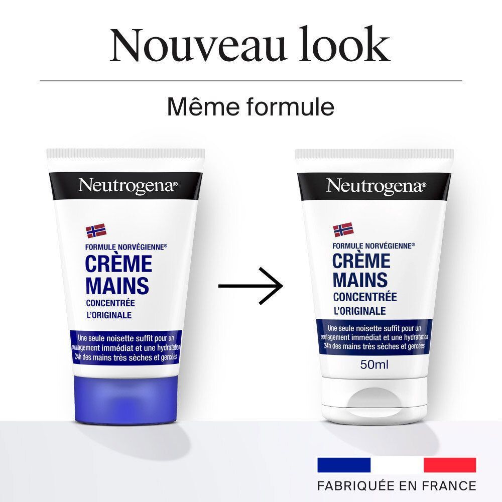 Zwei Tuben Handcreme von Neutrogena. Eine mit blauem und eine mit weißem Deckel. Beide mit norwegischer Formel.