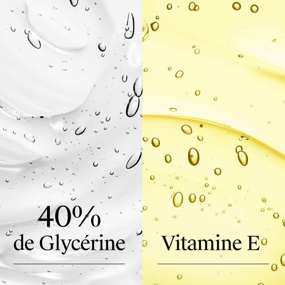 Zwei Texturen nebeneinander: eine klare Gel-Textur mit 40% Glycerin und eine gelbe Textur mit Vitamin E.
