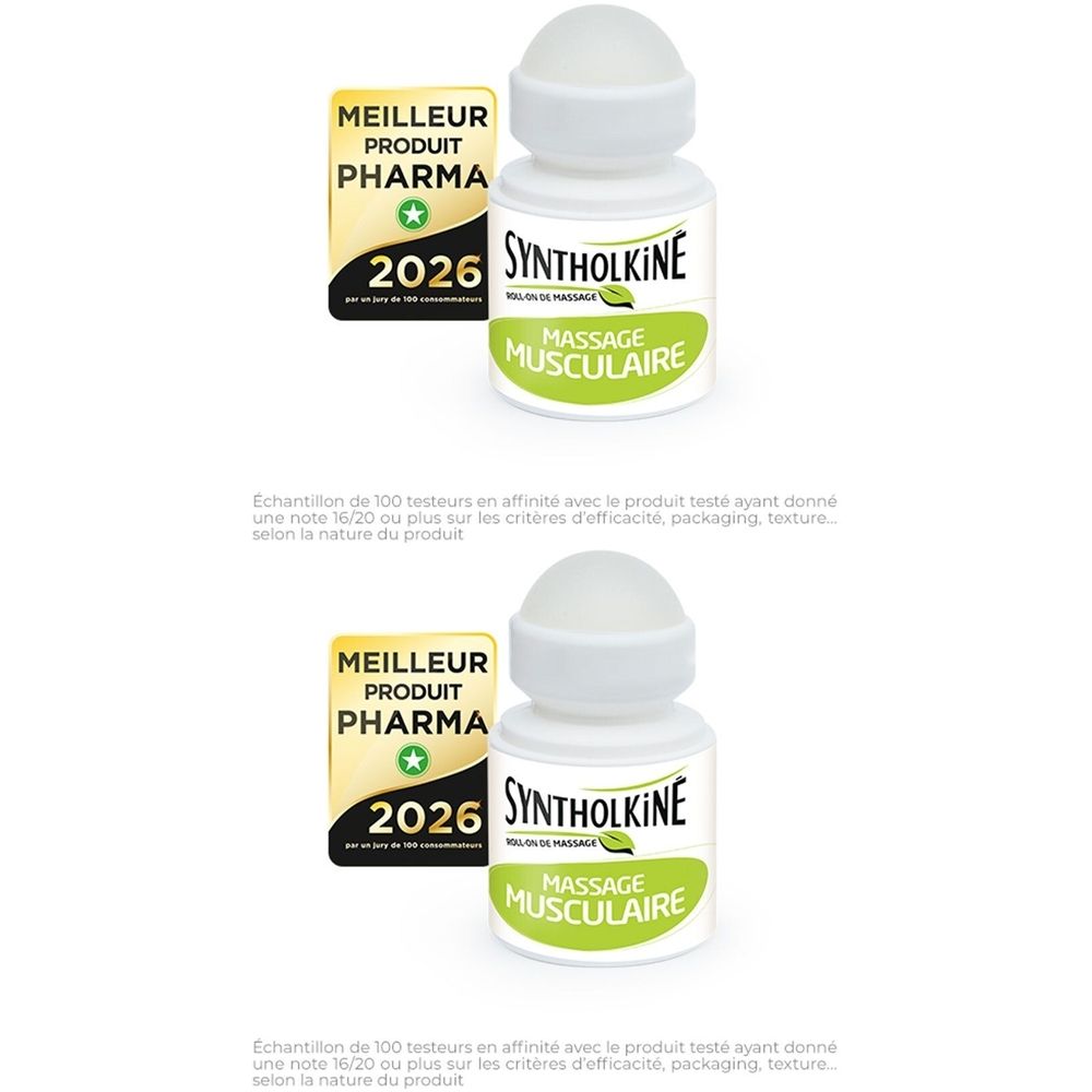Weißer Roll-on mit grünem Etikett. Aufschrift: Syntholkine, Massage Musculaire. Auszeichnung: Meilleur Produit Pharma 2026.