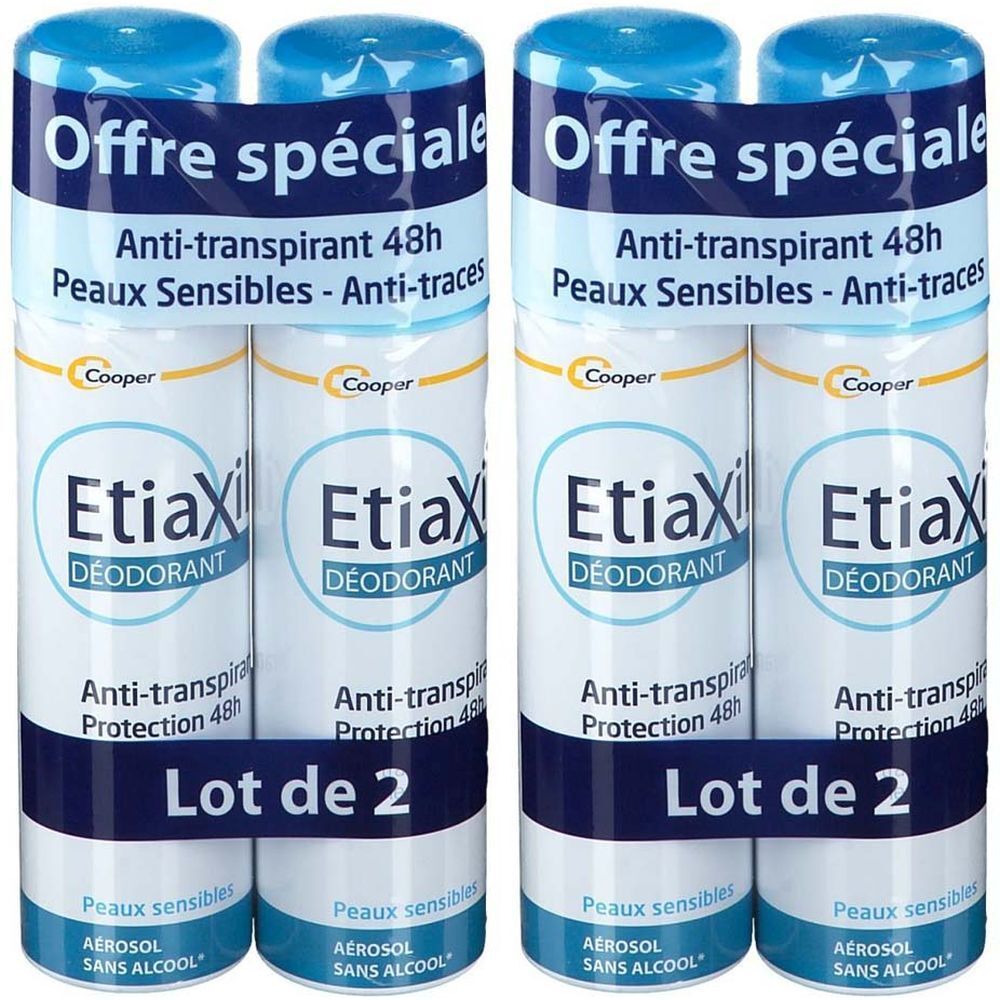 Zwei Packungen Etiaxil Deodorant-Aerosol, 48h Anti-Transpirant, für empfindliche Haut. "Offre spéciale"-Etikett.