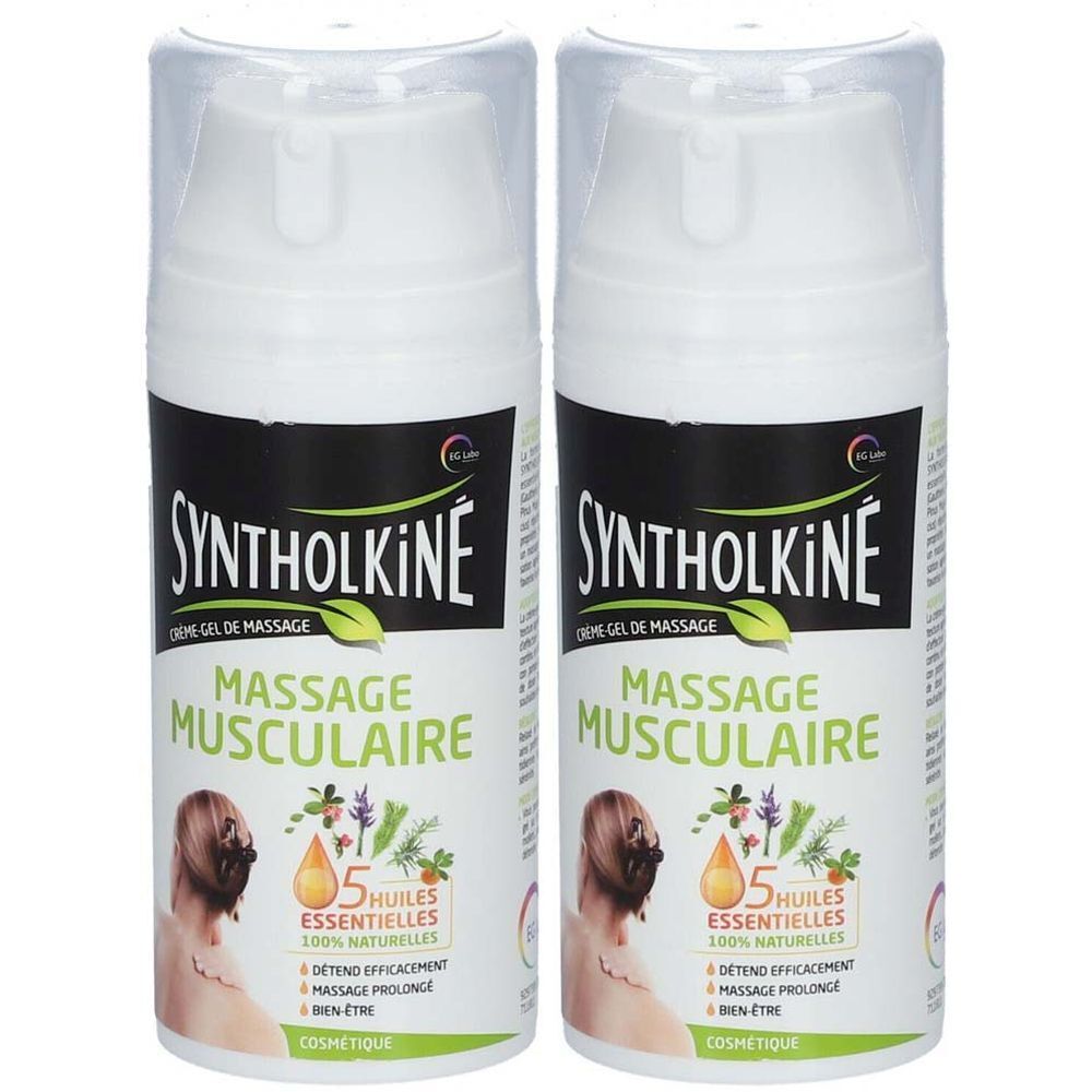 Deux flacons de Syntholkiné Gel Crème de Massage. Flacons blancs avec étiquette noire et informations produit. Inscription : Massage Musculaire.