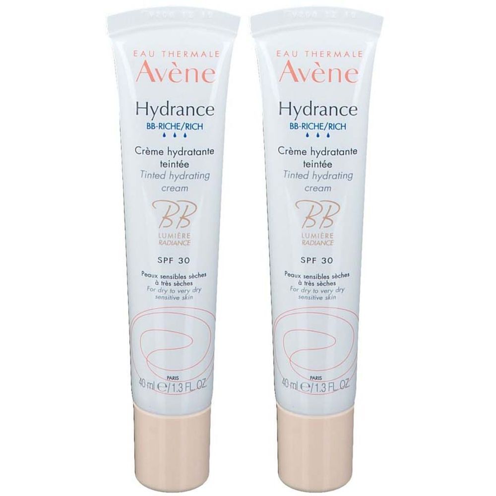 Zwei Tuben Creme. Aufschrift: Avène Hydrance BB-Riche, Crème hydratante teintée, SPF 30. Für trockene, empfindliche Haut.