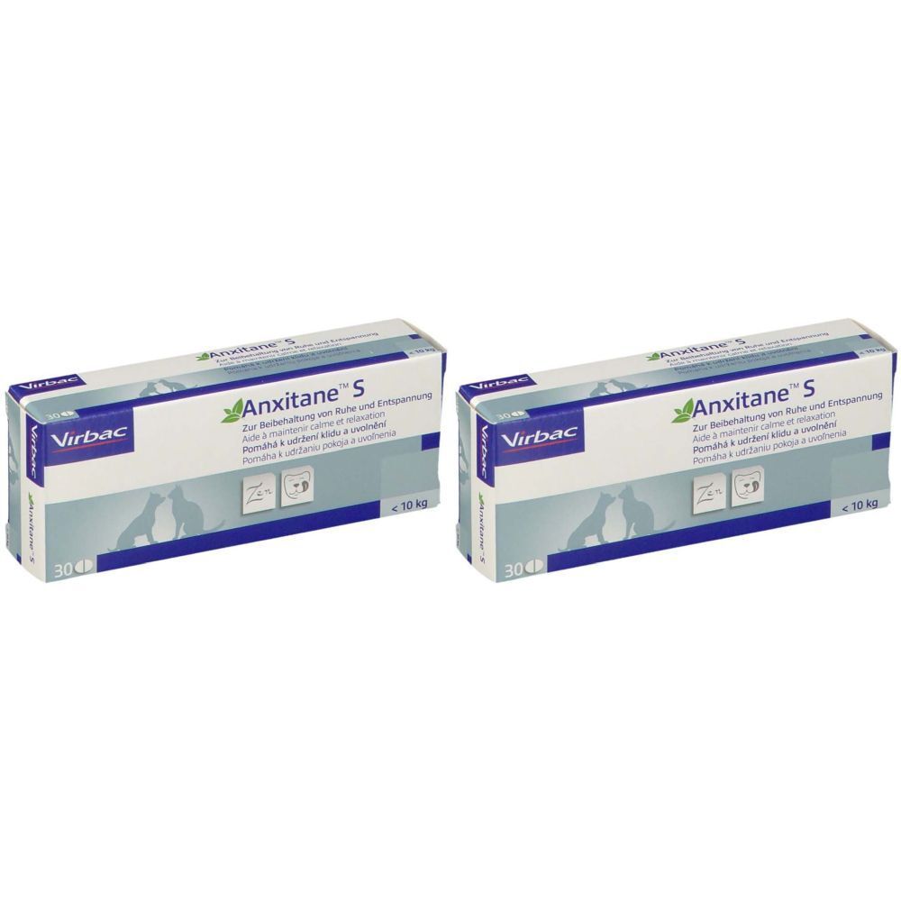Deux boîtes de Virbac Anxitane S. Emballage bleu et blanc avec nom et logo du produit. Pour chiens et chats de moins de 10 kg.