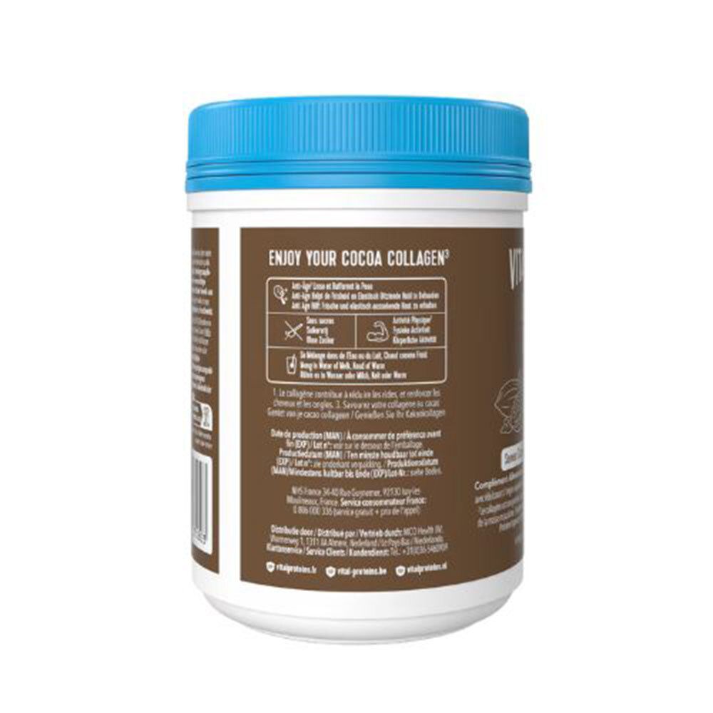 Rückseite der Dose. Aufschrift: ENJOY YOUR COCOA COLLAGEN. Informationen und Symbole.