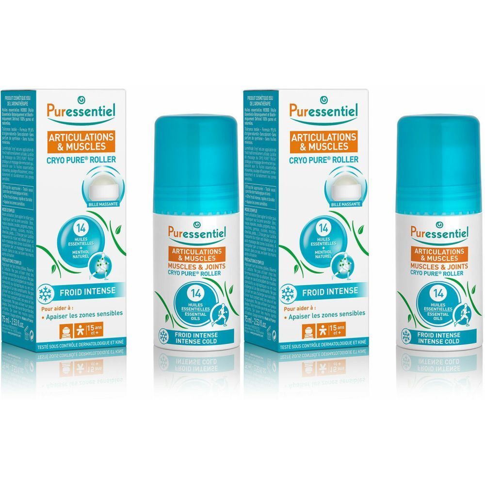 Drei Roll-on-Flaschen und Verpackungen. Aufschrift: Puressentiel Articulations & Muscles Cryo Pure Roller. Blaue Kappe, weiße Verpackung.