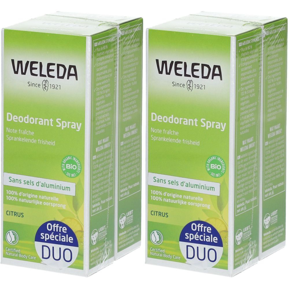 Deux boîtes vertes avec logo "WELEDA" et "Deodorant Spray". Texte : "Sans sels d'aluminium", "Citrus", "DUO".