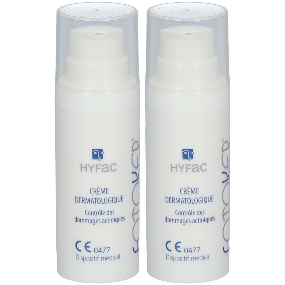 Zwei weiße Flaschen mit Pumpverschluss. Aufschrift: HYFAC, Crème Dermatologique, Contrôle des dommages actiniques. CE 0477.