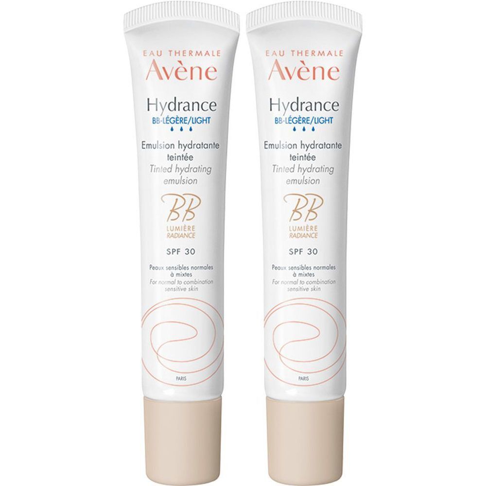 Zwei Tuben Avène Hydrance BB-Légère Emulsion. Weiße Tuben mit Schriftzug und BB-Logo. SPF 30.