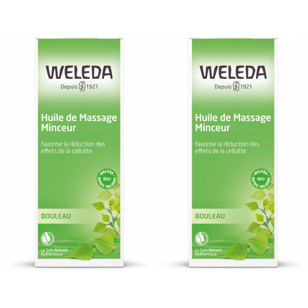 Zwei grüne Verpackungen mit dem Logo von Weleda. Aufschrift: Huile de Massage Minceur, Bouleau. Bio-Zertifizierung.