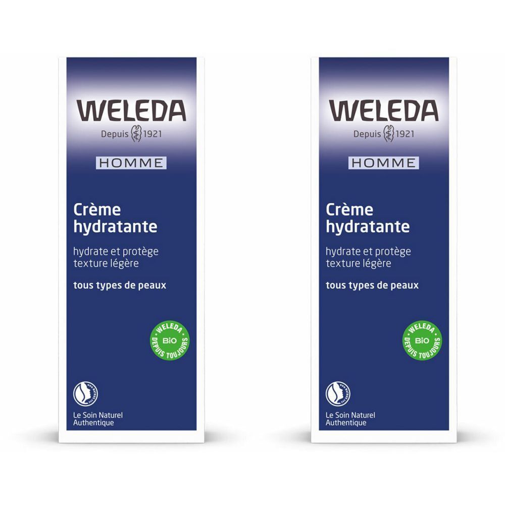 Zwei Tuben WELEDA Homme Crème Hydratante Bio. Blaue Verpackung mit weißer Schrift. Bio-Siegel.