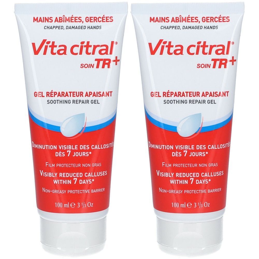 Zwei Tuben Vita Citral® Gel. Weiß, mit roter und blauer Beschriftung. Text: Gel Réparateur Apaisant, Soothing Repair Gel.