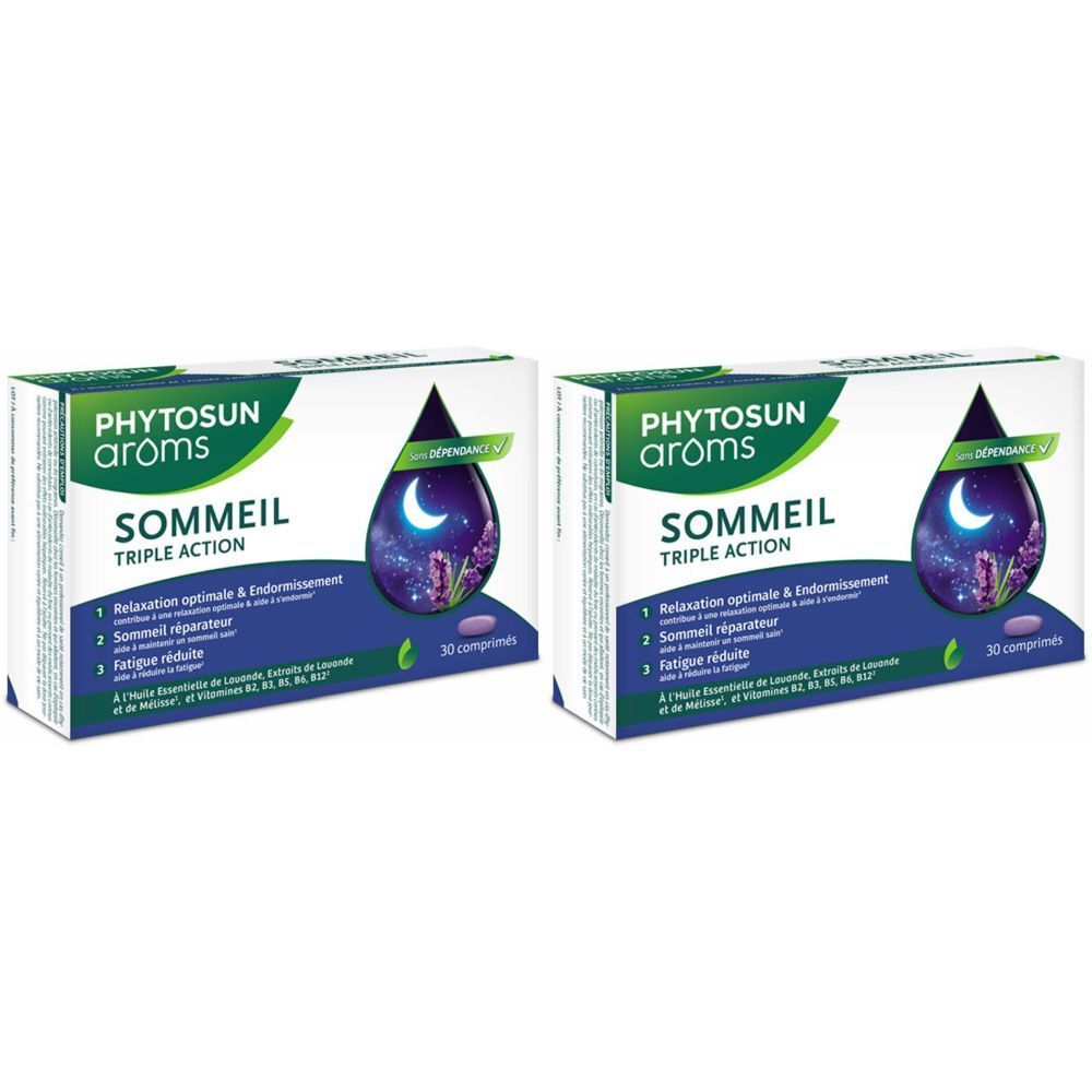 Deux boîtes de "Phytosun Arôms Sommeil Triple Action". Chaque boîte présente une illustration de lune et d'étoiles.