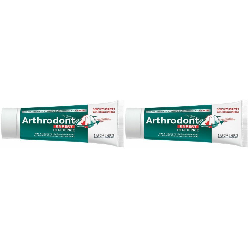 Deux tubes de dentifrice. Inscription : ARTHRODONT EXPERT DENTIFRICE. Tube blanc avec bande verte et texte.