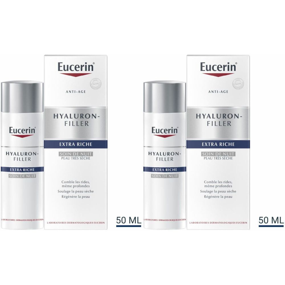 Eucerin HYALURON-FILLER EXTRA RICHE Soin de Nuit. Deux flacons avec emballage. Bouchon gris, flacon blanc, texte bleu.