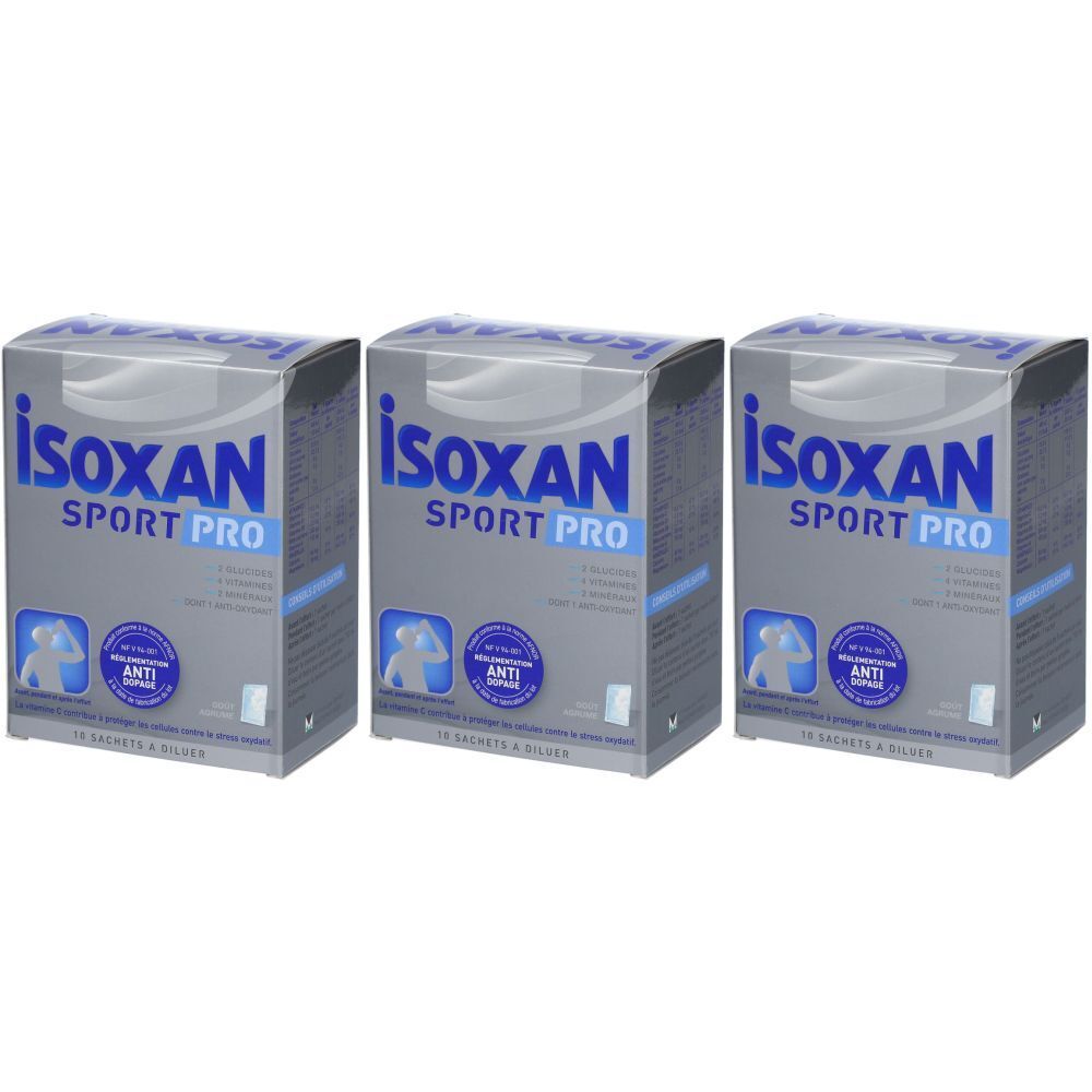 Trois boîtes Isoxan Sport Pro. Emballage gris avec texte bleu. Contient 16 sachets. Logo: Anti-stress.