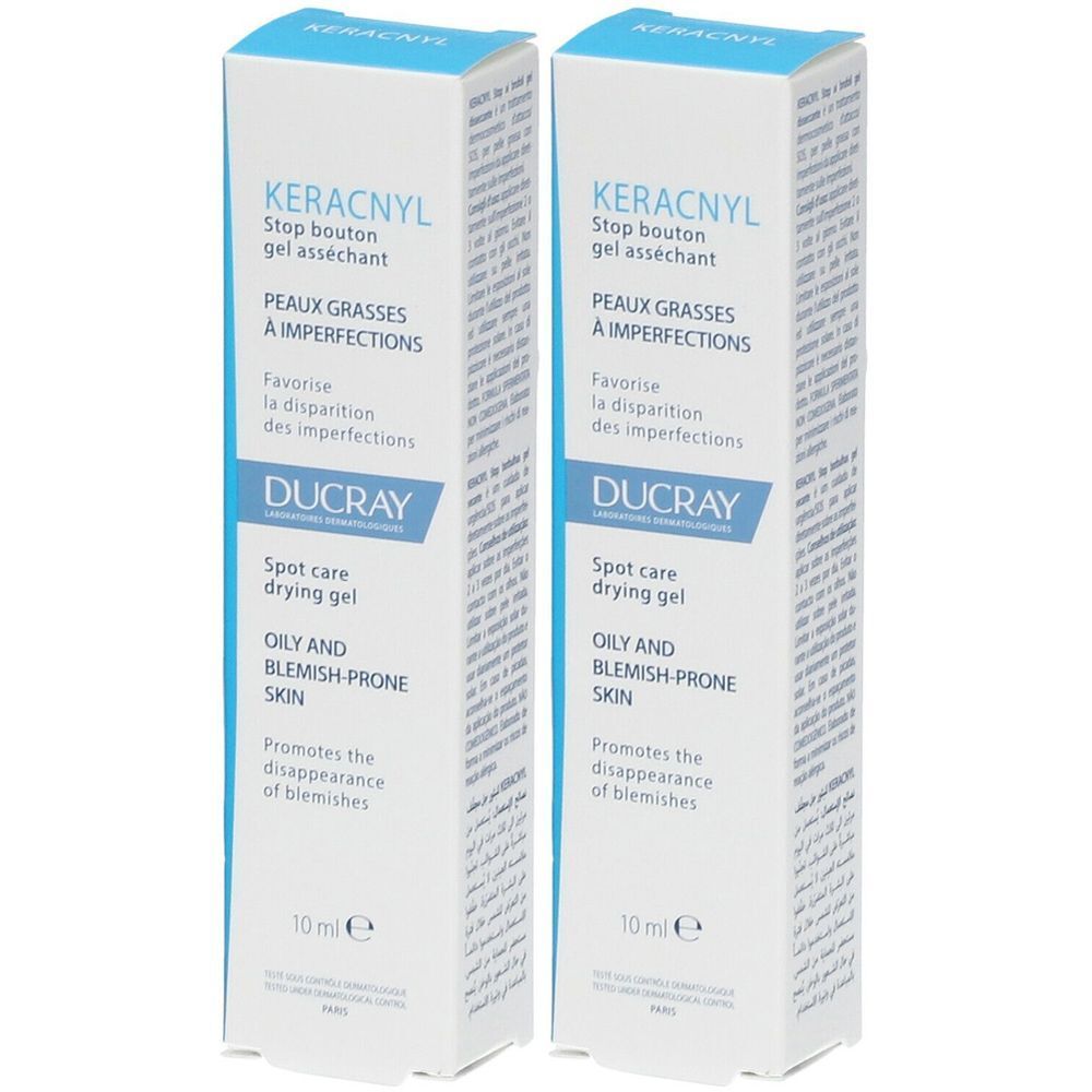 Zwei weiße Kartons mit blauer Schrift. Aufschrift: KERACNYL, Stop Bouton, gel asséchant. Marke: DUCRAY. Für unreine Haut. 10 ml.