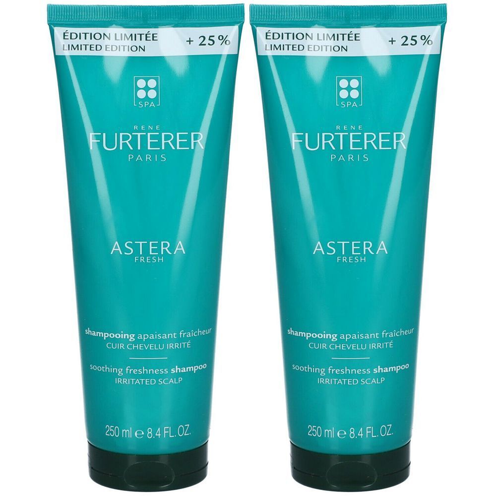 Zwei türkisfarbene Tuben Shampoo. Aufschrift: RENE FURTERER PARIS, ASTERA FRESH, Edition Limitée. Text in Französisch und Englisch.