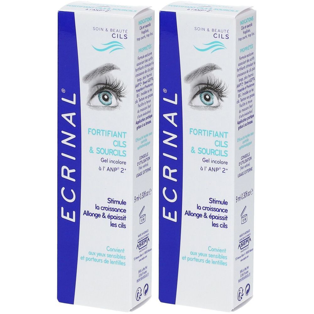 Deux boîtes de Ecrinal Fortifiant Cils & Sourcils. Boîtes blanches avec bande bleue et informations produit. Illustration d'œil.