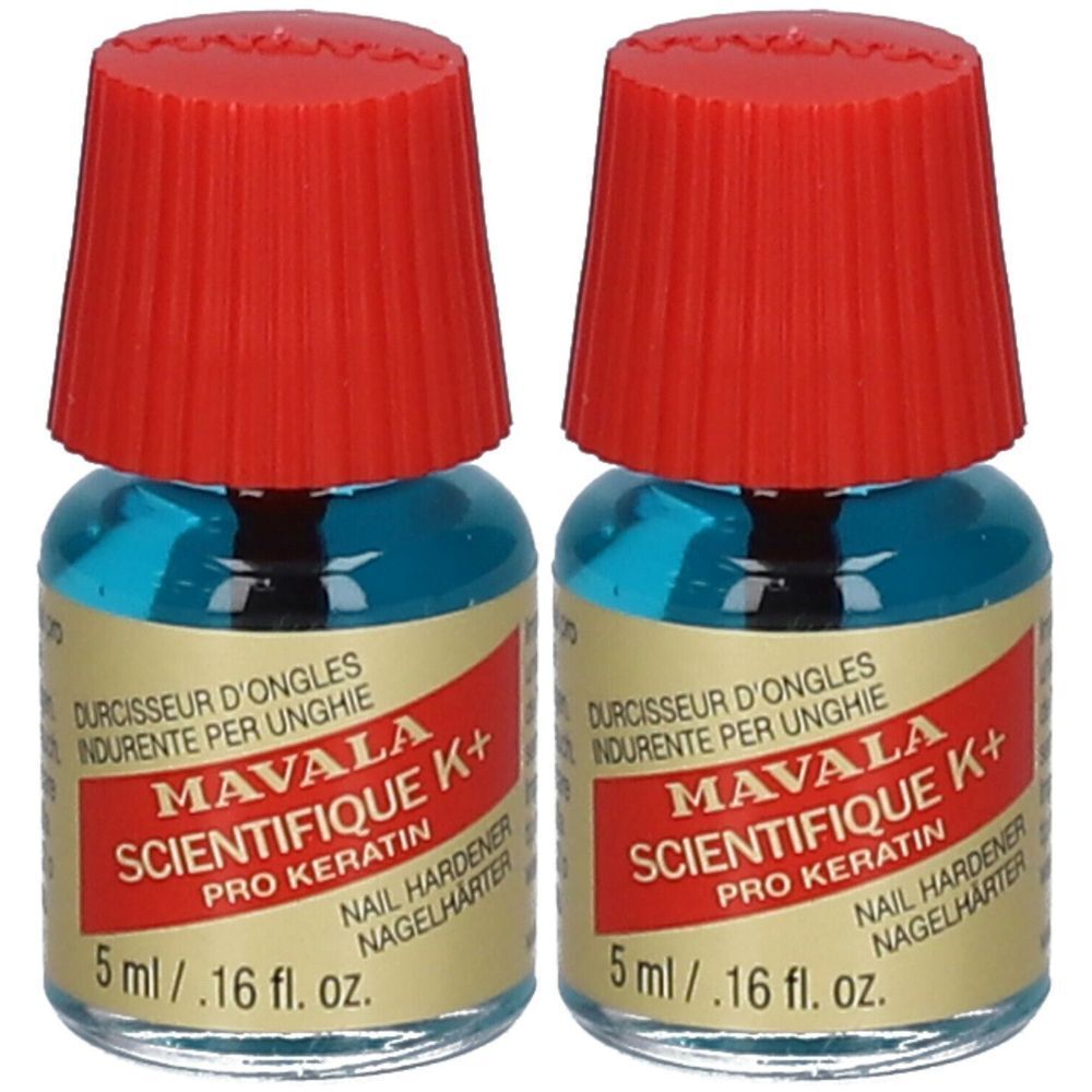 Zwei Fläschchen mit rotem Verschluss und blauer Flüssigkeit. Aufschrift: MAVALA SCIENTIFIQUE K+ PRO KERATIN, Nagelhärter. 5 ml.
