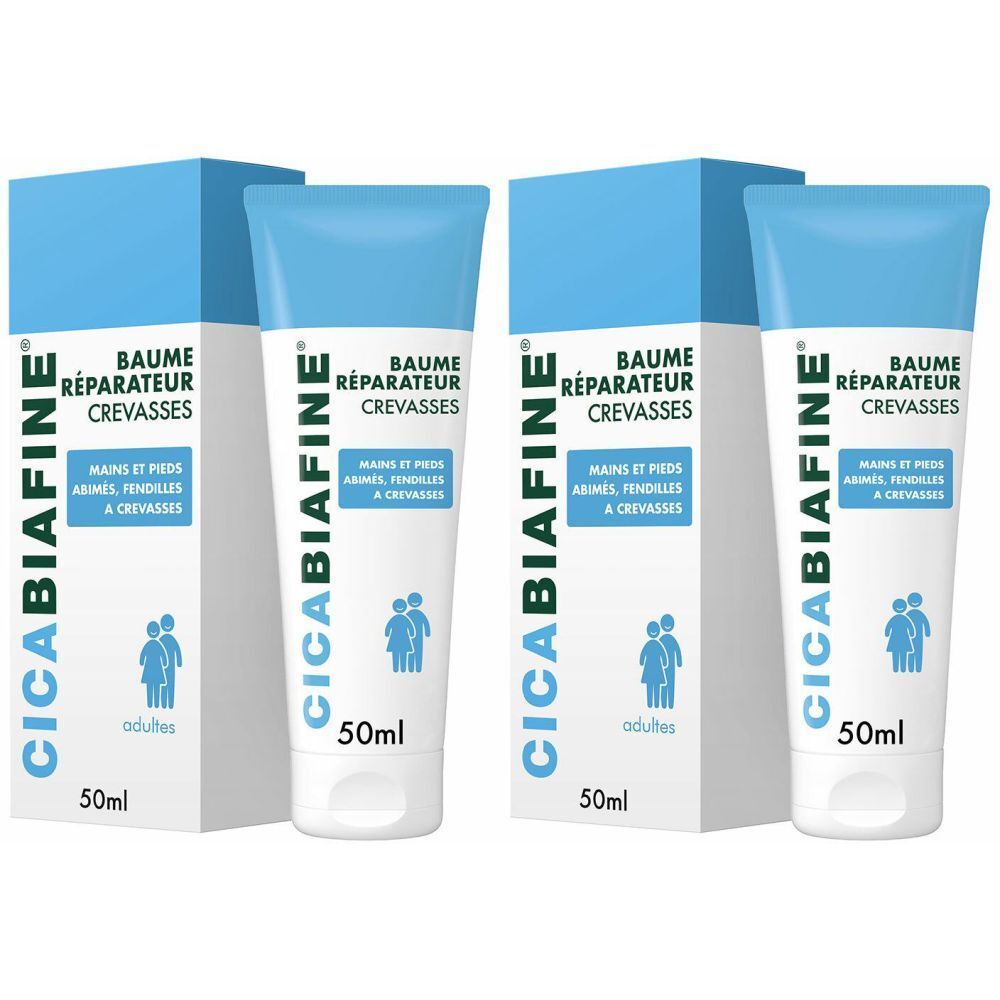 Deux tubes et deux boîtes. Inscription : CICABIAFINE, Baume réparateur crevasses. 50ml. Pour mains et pieds. Adultes.