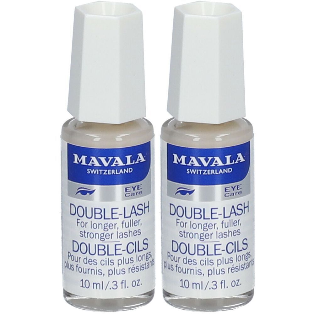 Deux flacons de Mavala Double-Cils. Bouchons blancs, étiquettes bleues avec texte. Inscription: Double-Lash, 10 ml.