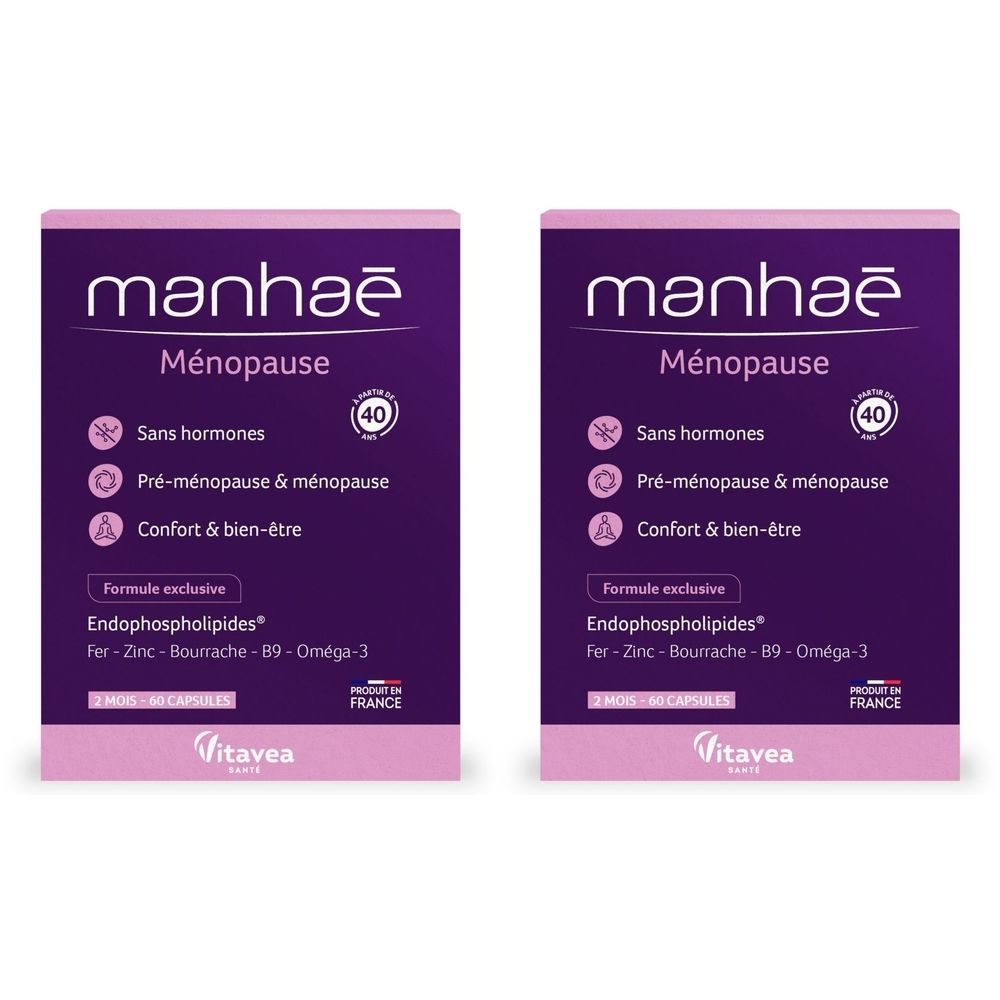 Deux boîtes de Manhaé Ménopause. Emballage violet et blanc avec nom et informations. Contient 40 gélules. Fabriqué en France.