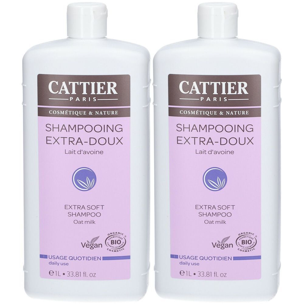 Zwei weiße Flaschen Shampoo. Aufschrift: Cattier Paris, Shampooing Extra-Doux, Hafermilch, Vegan, Bio-Kosmetik. Mit Schraubverschluss.