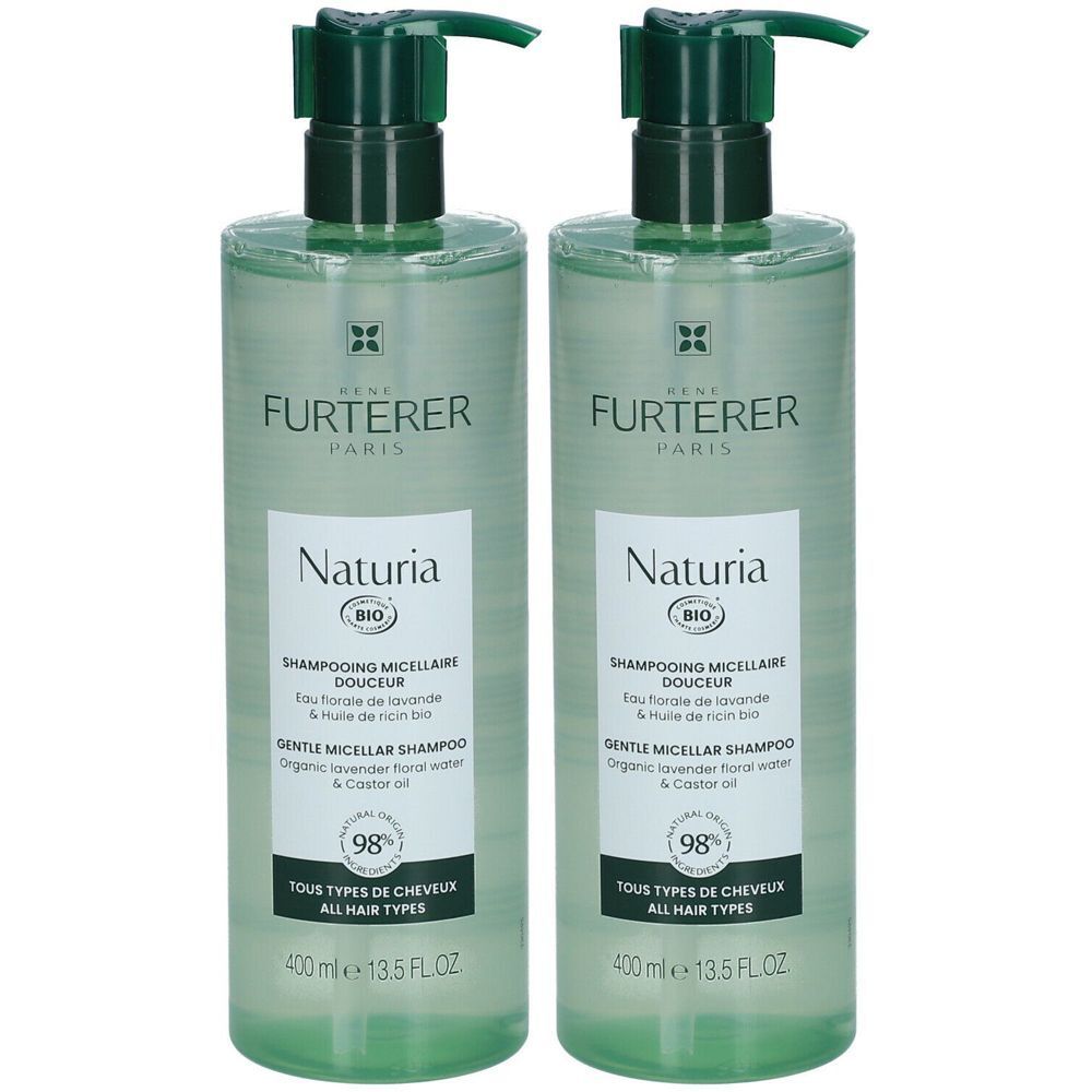 Zwei Flaschen Shampoo mit grünen Pumpköpfen. Aufschrift: René Furterer Naturia, Bio-Zertifizierung, 400 ml.