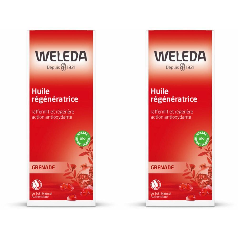 Deux emballages rouges avec le logo "WELEDA" et le texte "Huile régénératrice". Label bio et illustrations de grenade.