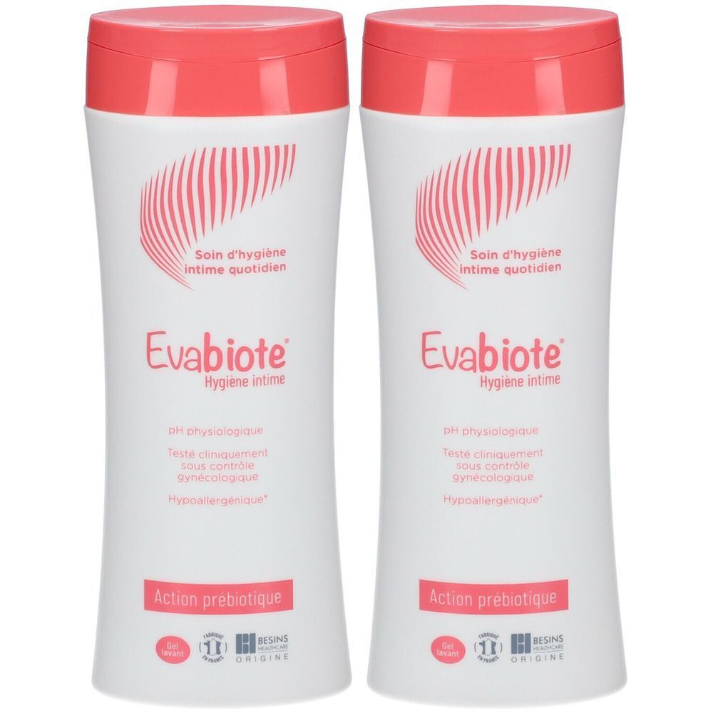 Deux flacons blancs avec bouchons roses. Inscription Evabiote, Hygiène intime. Texte: Soin d'hygiène intime quotidien. Action prébiotique.