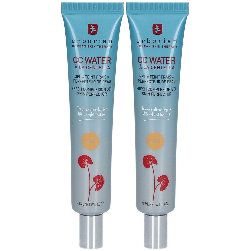 Zwei Tuben mit blauer Aufschrift. Aufschrift: CC WATER, GEL - TEINT FRAIS, FRESH COMPLEXION GEL SKIN PERFECTOR. Marke: Erborian.
