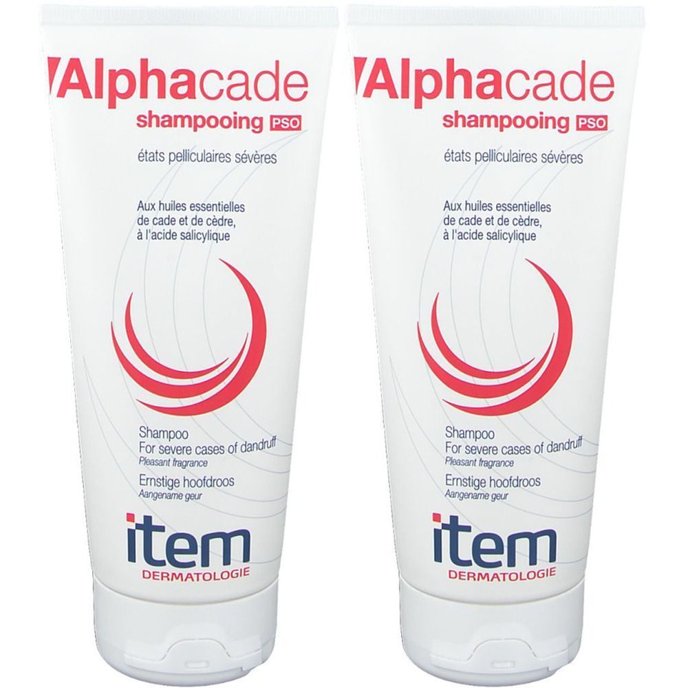 Zwei weiße Tuben Shampoo. Aufschrift: Alphacade, shampooing PSO, états peliculaires sévères. Marke: item DERMATOLOGIE.