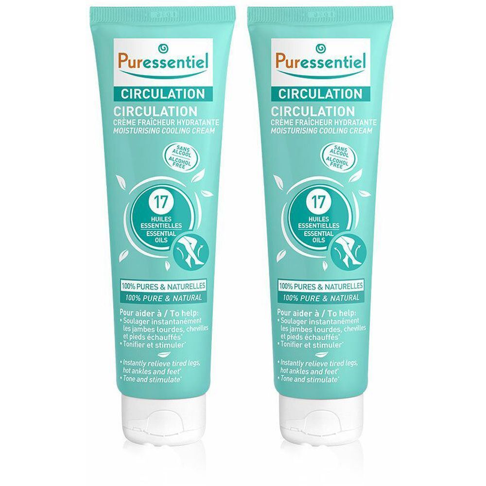 Zwei Tuben Creme. Türkisgrün, mit weißer Schrift. Aufschrift: Puressentiel, Circulation, Creme Fraîcheur hydratante. Mit 17 ätherischen Ölen.