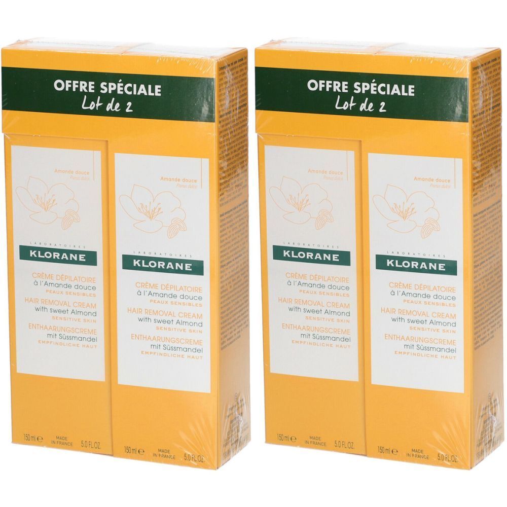 Zwei Packungen KLORANE Haarentfernungscreme mit Süßmandel. Gelbe Verpackung mit grünen und weißen Akzenten. Aufschrift: OFFRE SPÉCIALE Lot de 2.