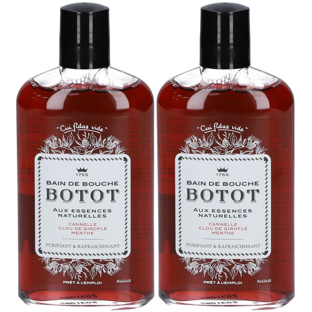 Deux flacons de bain de bouche BOTOT. Inscription: Cannelle, Clou de Girofle, Menthe. Bouchon noir, liquide rouge. Prêt à l'emploi.