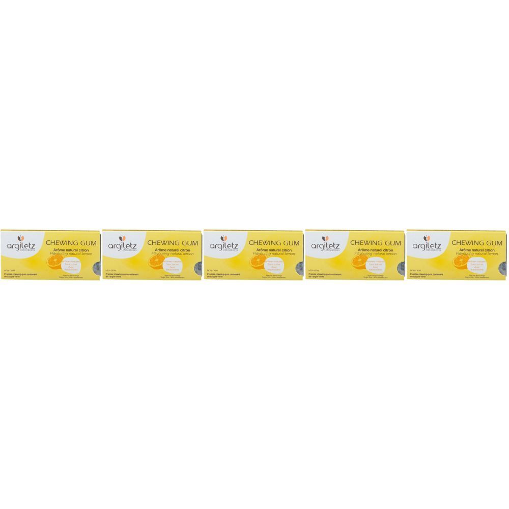 Fünf Schachteln Kaugummi. Gelbe Verpackung mit Produktnamen und Logo. Aufschrift: CHEWING GUM.